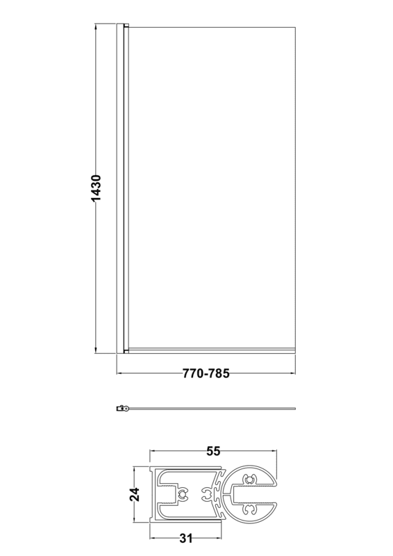 Hudson Reed Square Edge Matt Black Bath Screen - 1400H x 785W