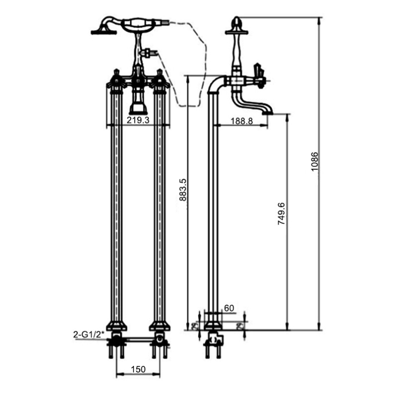 RAK Washington Freestanding Bath Shower Mixer Tap - Chrome
