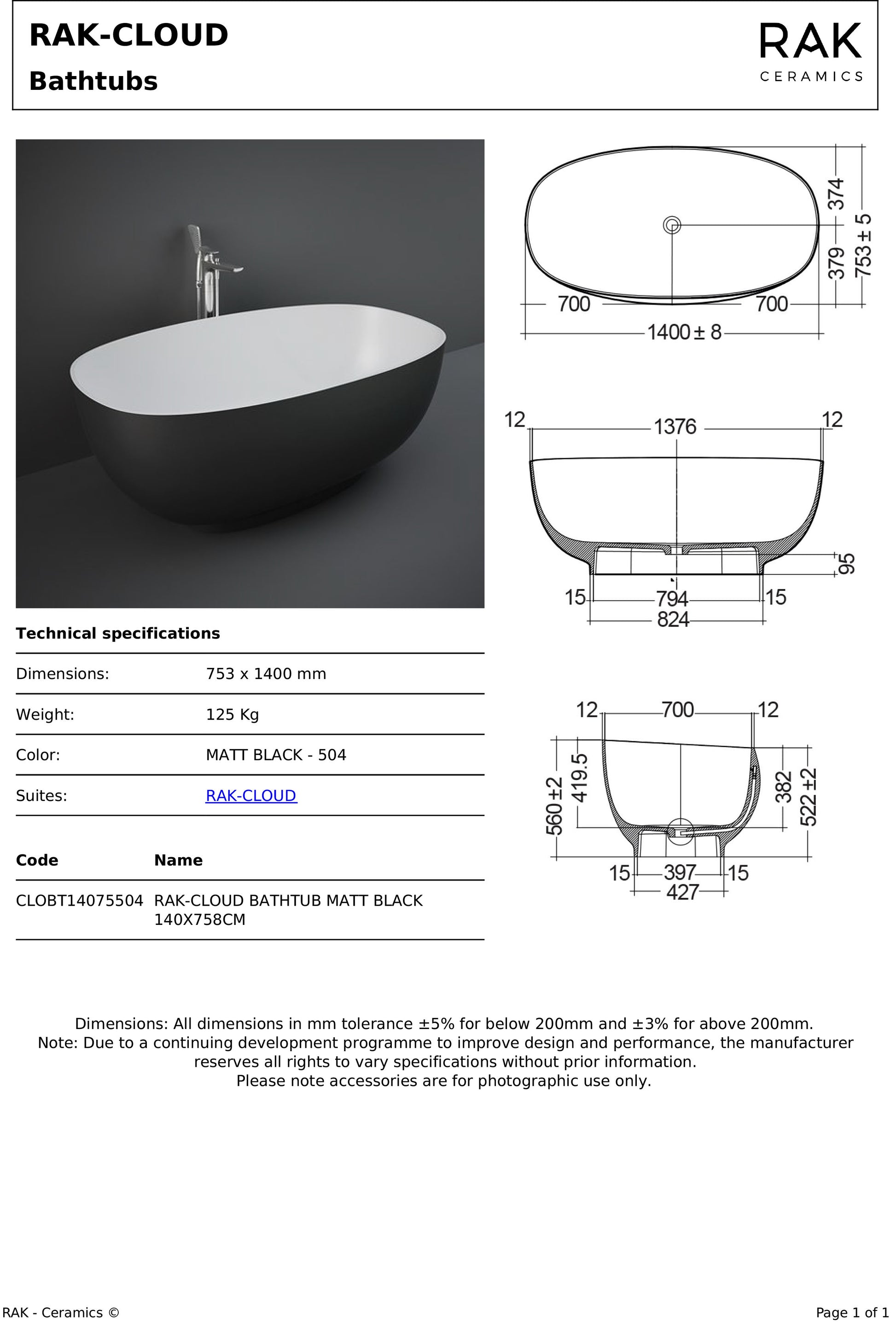 RAK Ceramics CLOB14075504 Cloud Matt Black Freestanding Bath 1400 x 753mm