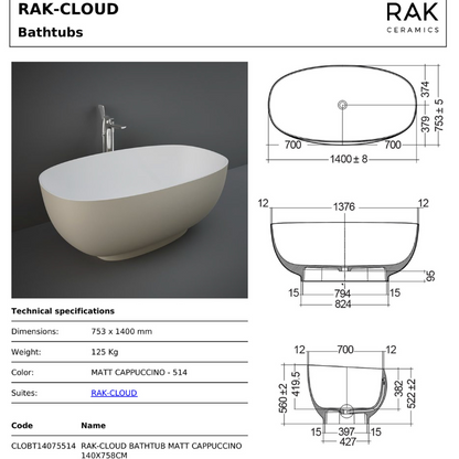 RAK Ceramics CLOB14075514 Cloud Matt Cappuccino Freestanding Bath 1400 x 753mm