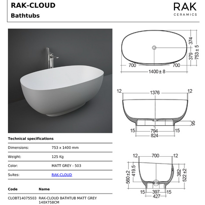 RAK Ceramics CLOB14075503 Cloud Matt Grey Freestanding Bath 1400 x 753mm