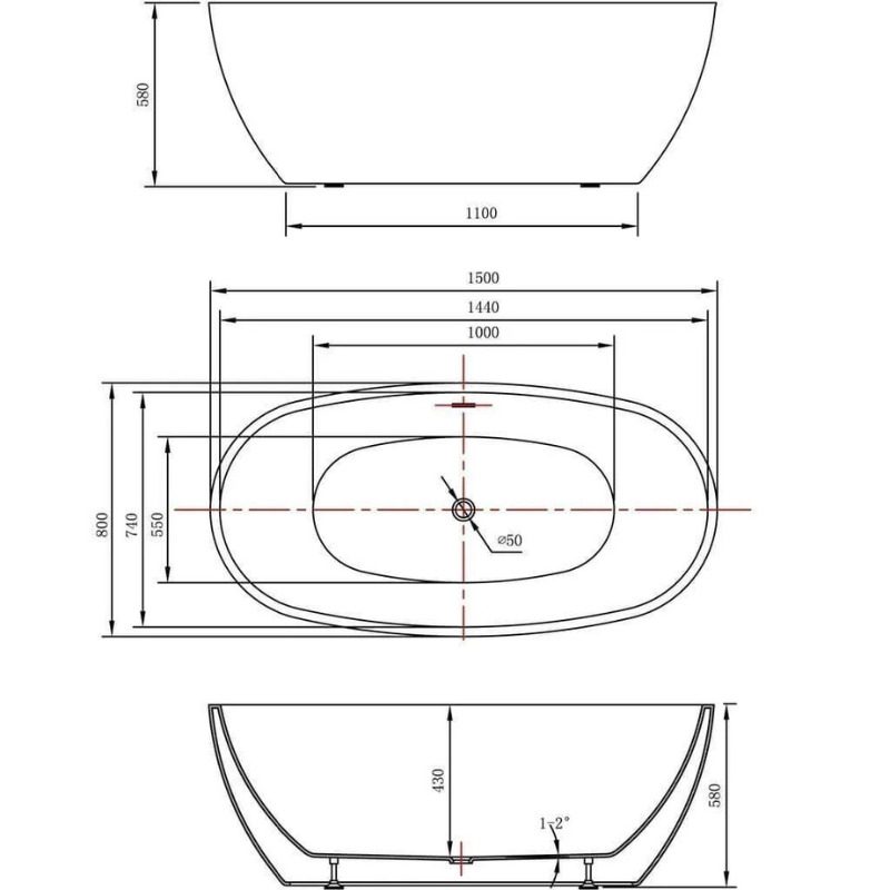 Lisna Waters LW-SFB45 Black Lincoln Nevada Black 1500 x 800mm Freestanding Bath