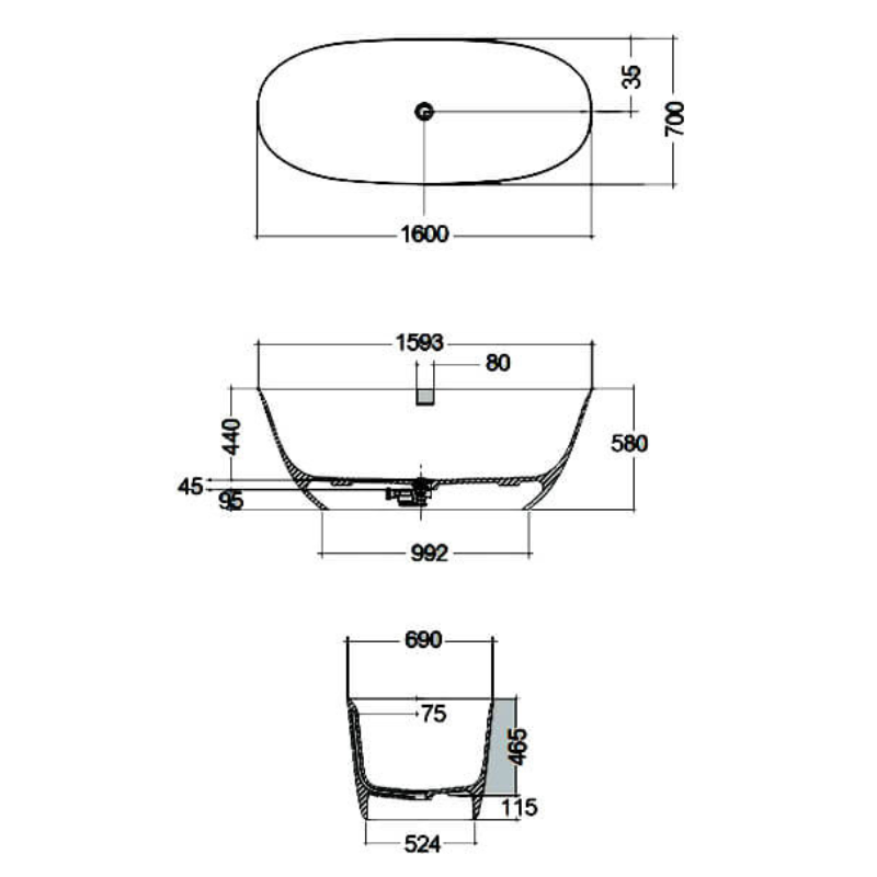 RAK Cove COVBT16070500 Matt White Freestanding Bath in 3 Sizes