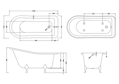 Hudson Reed RL1490T Old London Brockley Freestanding Slipper bath with Corbel Legs - 1500MM