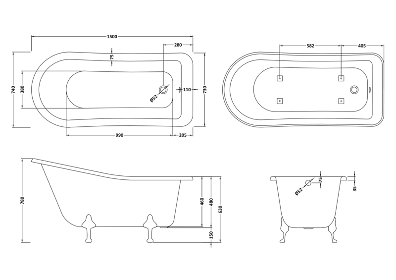 Hudson Reed RL1490M1 Old London Brockley Freestanding Slipper Bath with Deacon Legs - 1500MM