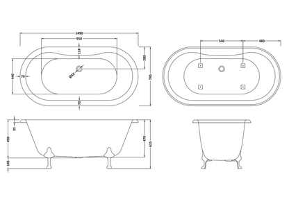 Hudson Reed RL1501T Old London Kingsbury Freestanding Double Ended Bath with Corbel Legs - 1500MM