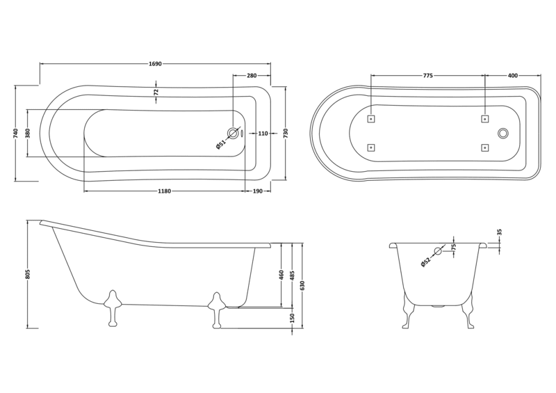 Hudson Reed RL1690C2 Old London Brockley Freestanding Slipper bath with Pride Legs - 1700MM