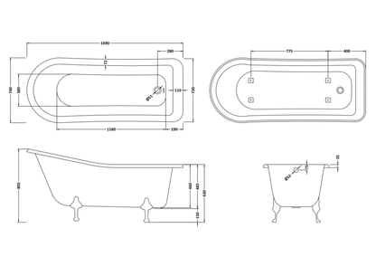 Hudson Reed RL1690C2 Old London Brockley Freestanding Slipper bath with Pride Legs - 1700MM