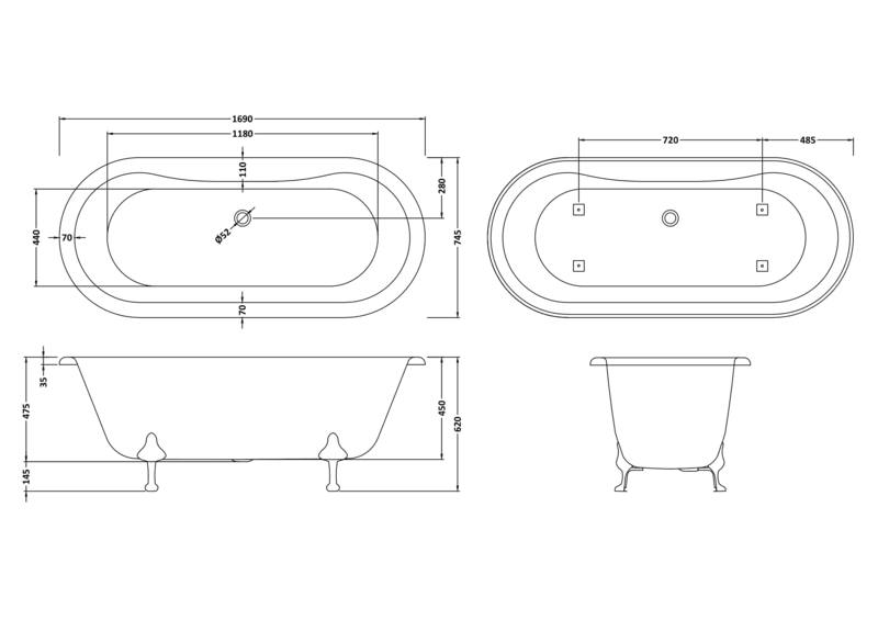 Hudson Reed RL1705C2 Old London Kingsbury Freestanding Double Ended Bath with Pride Legs - 1700MM