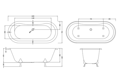 Hudson Reed RL1705C2 Old London Kingsbury Freestanding Double Ended Bath with Pride Legs - 1700MM